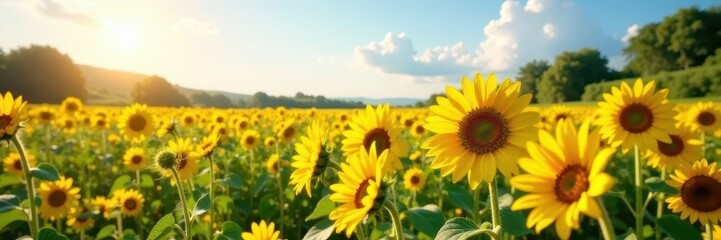 Fototapeta premium Large sunflower field in a sunny meadow with wild flowers, infield, garden flowers