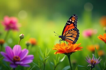 Obraz premium Monarch butterfly on grass with colorful flowers, nature, garden