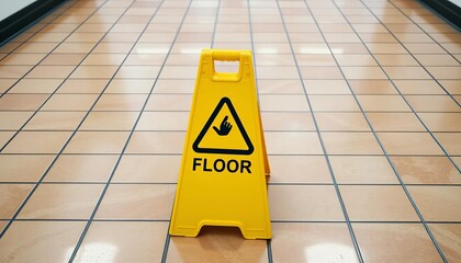 Bright yellow caution wet floor sign on a tiled floor,  tile,  indoor
