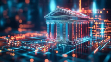 A bank structure on secure blockchain, Futuristic digital landscape showcasing ai driven banking innovation, Glowing financial data streams - Powered by Adobe