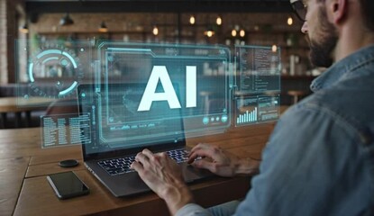 Man Working on Laptop A I Technology Futuristic Interface Digital Transformation Modern Workplace - Powered by Adobe