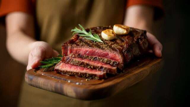 Chef serving juicy grilled steak with garlic and herbs on wooden board