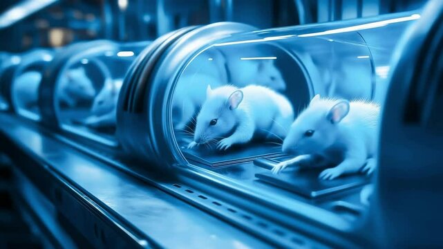Futuristic sci-fi laboratory with mouses cloning chamber. Glowing blue hologram of bodies in stasis pods. Advanced technology concept for genetic engineering and artificial life creation	