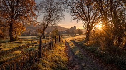 Peaceful sunrise over hammelburg countryside with rolling hills and mist