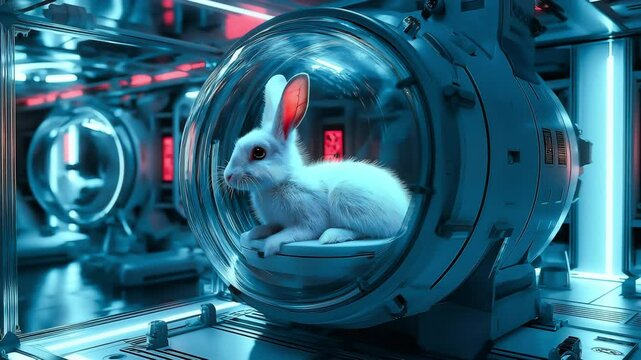 Rabbit in futuristic clone factory, rabbit in the capsules, Capsule with rabbit inside in futuristic sci-fi laboratory, Animal cloning	
