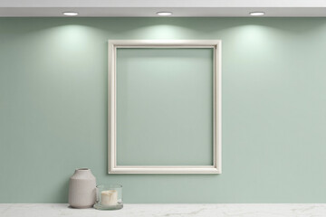 Blank white frame mockup on light green wall with vase and candle holder