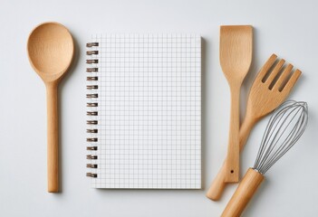 Blank recipe notebook flanked by wooden spoon, spatula, fork, and whisk on a white background