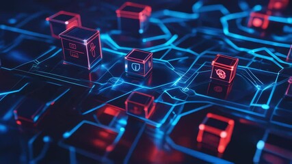 Digital Frontier: The image presents a vibrant, high-tech network of interconnected cubes and circuits, with intricate neon lines. It captures the essence of a futuristic digital world. - Powered by Adobe