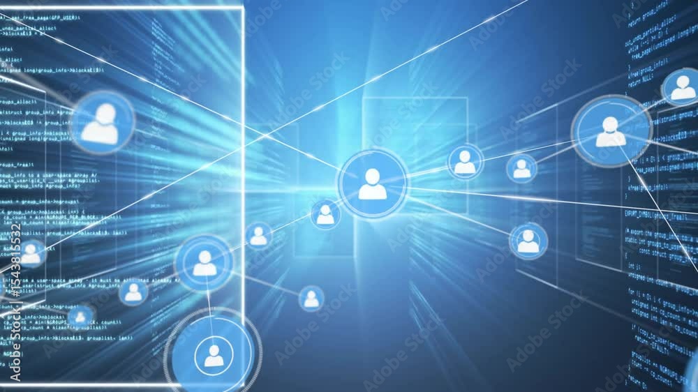 Poster user icon emitting and firing lines toward panels while network expanding for digital connection