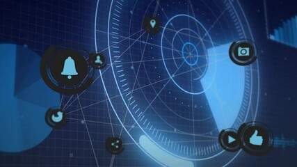 Dark blue grid filling screen starting radar HUD scanning while icons animating data visualization - Powered by Adobe