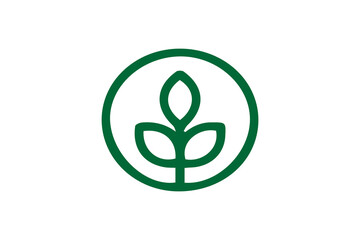 The image shows a green line art icon of a plant with three leaves, enclosed within a green circle. The design is minimalistic and symmetrical, symbolizing nature, growth, sustainability,