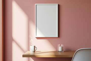 Blank poster frame mockup on pink wall with desk and chair for interior design