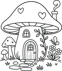 Cute mushroom house coloring page illustration