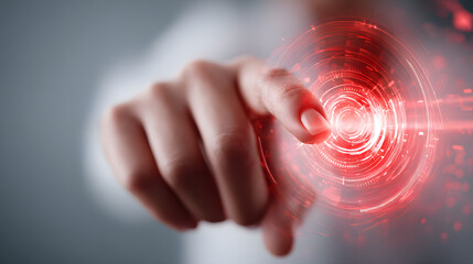 Glowing finger touching a digital red interface with abstract data and energy lines, symbolizing futuristic technology.