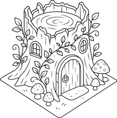 Enchanted tree stump house isometric line art
