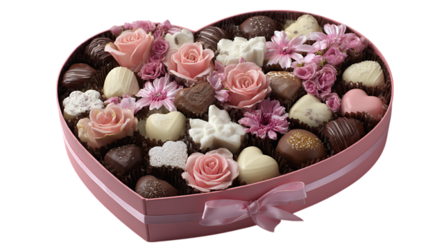 Romantic gift of assorted chocolates and flowers in a heart shaped box.