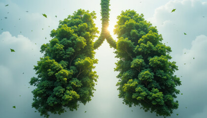 An artistic representation of lungs formed by lush green foliage against a cloudy sky.
