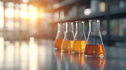 An artistic view of laboratory glassware filled with vibrant orange liquid, representing the world of science and innovation, perfect for conveying a sense of discovery and creativity.