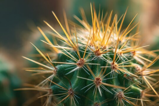 Close-up of a small, spherical green cactus with numerous long, thin, golden-hued spines radiating outwards, sharply focused against a blurred background - Powered by Adobe