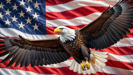 Fototapeta premium Majestic Bald Eagle Soaring Before the Stars and Stripes — A Symbol of American Strength and Freedom