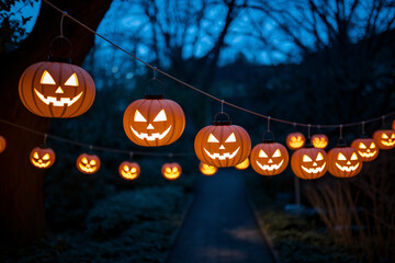 Glowing Halloween pumpkin lantern garland at night.