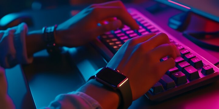 Hands typing on a keyboard with neon lighting glow