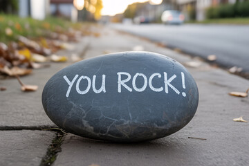 Close-up of grey river rock with “You rock!” chalk message on cracked sidewalk. Encouragement concept
