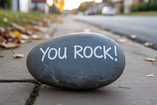 Close-up of grey river rock with “You rock!” chalk message on cracked sidewalk. Encouragement concept