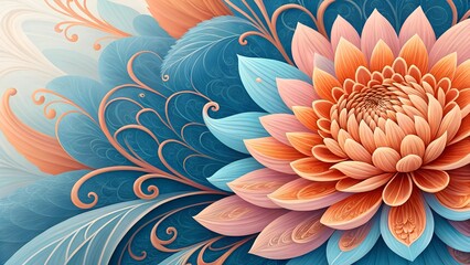 Abstract floral illustration in blue, orange and pink, with lots of fine texture.