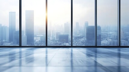 Fototapeta premium Blurred office workspace in the evening , interior workplace with cityscape for business presentation background, AI generated
