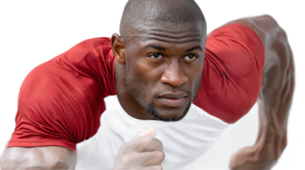 Man Ready to Sprint: An athlete, poised and determined, crouches low to the ground, ready to explode into a sprint with intense focus and power.