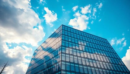 Modern glass office building fragment against cloudy blue sky,  commercial,  reflection