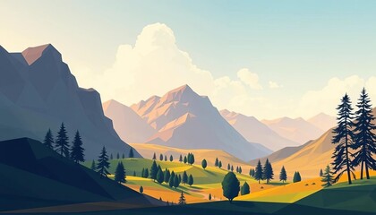 Minimalist polygonal landscapes, flat vector illustrations ideal for wallpapers,  sun,  scenery