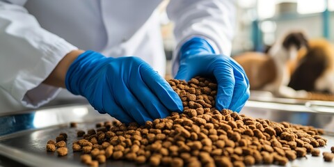 Pet Food Factory Scene with Woman in Gloves Packing Animal Feed on Industrial Table Setup
