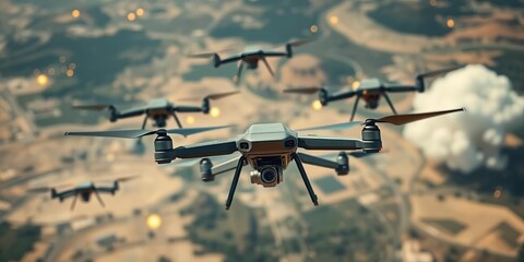 Military drone swarm launching kamikaze attack, aerial view,   tactical,  unmanned