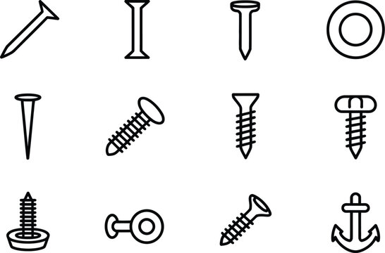 A collection of various line art style nails screws and fasteners on white background