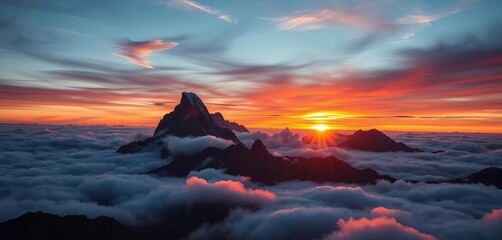 Majestic mountain peaks piercing a vibrant sunrise above a sea of clouds,  serene,  spectacular