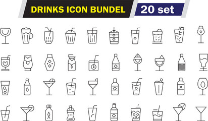 Obraz premium Black and White Outline Icon Set of 20 Different Drinks, Isolated on White