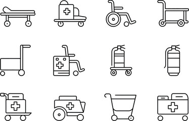 Outline icons depicting medical and general purpose carts on white background