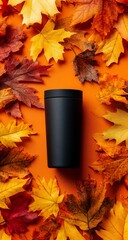 Autumn leaves with black tumbler.