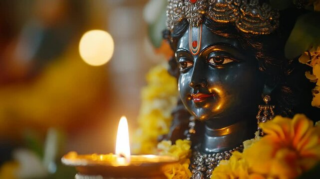 Krishna statue with diya oil lamp and flowers in temple, Vishu festival celebration, Krishna birth, Diwali,