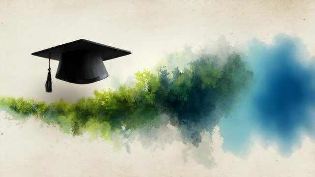 Graduation Cap with Abstract Watercolor Background Symbolizes Education Growth