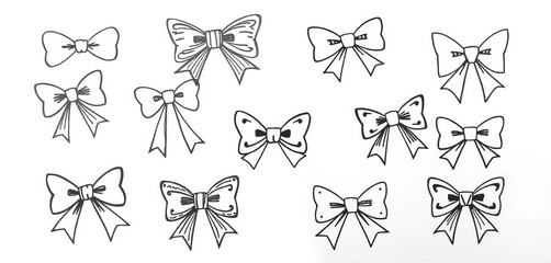 Fototapeta premium Hand-drawn black and white doodle bows, various styles, isolated on white, valentines, sketch