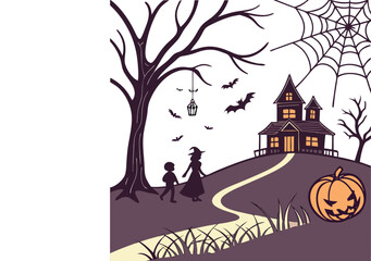 Halloween night with haunted house pumpkin and bats in spooky background