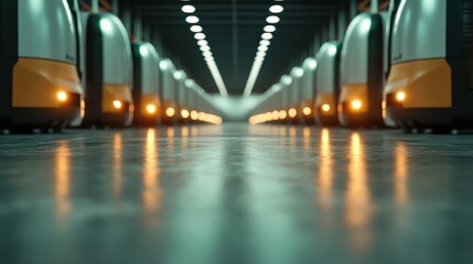 A futuristic view of a warehouse featuring numerous robotic vehicles neatly lined up, showcasing technological advancements in automation and logistics management seamlessly.