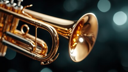Fototapeta premium A beautifully shot close-up of a brass trumpet gleaming under soft bokeh lights, highlighting its polished surface and intricate design, evoking musical inspiration.