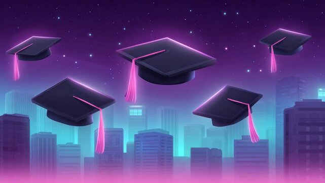 Graduation Caps Float Over Cityscape with Starry Night Sky and Neon Glow