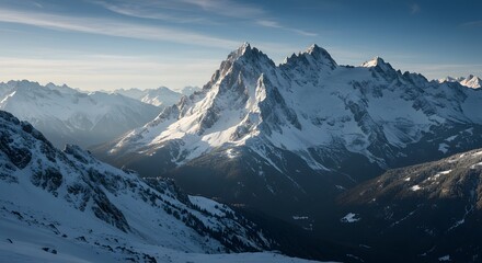 Jagged snowy mountain range under blue sky
