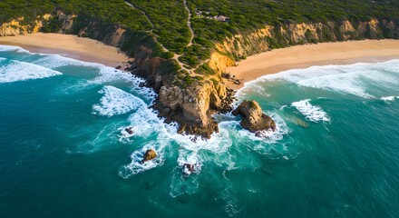 Remote tropical beach and cliffs with turquoise sea