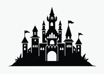 Obraz premium Castle silhouette vector, tall spired towers, gothic medieval style, black and white design